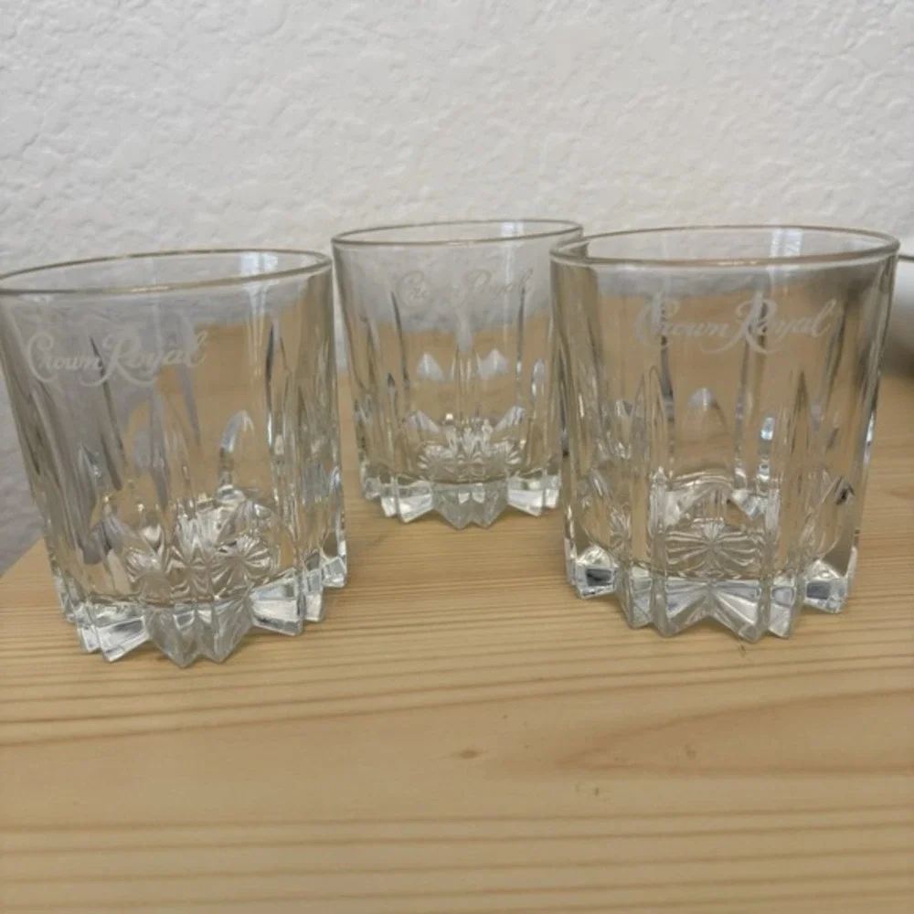 Crown‎ Royal Etched Cut Crystal Clear Whiskey Rocks Glasses Set of 3 Barware